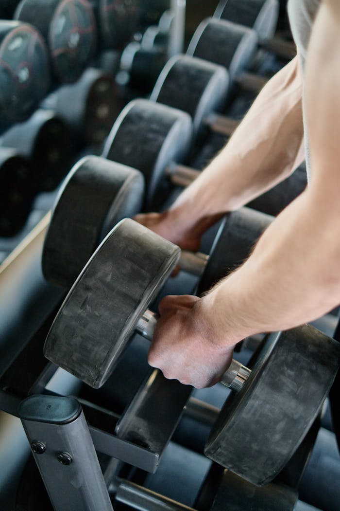 Focused shot of hands holding large dumbbells in a gym setting, showcasing strength workout.